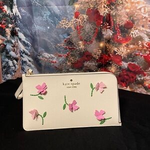 Kate Spade Cream Wristlet with Pink Floral Accents